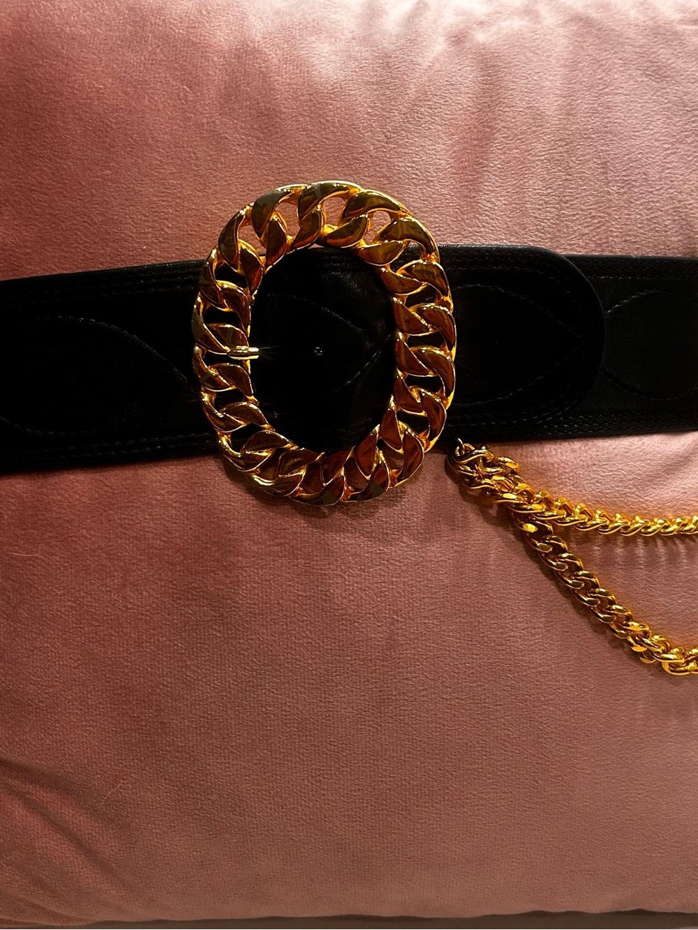 Vintage leather Waist Belt with Gold Chain Ring Buckle